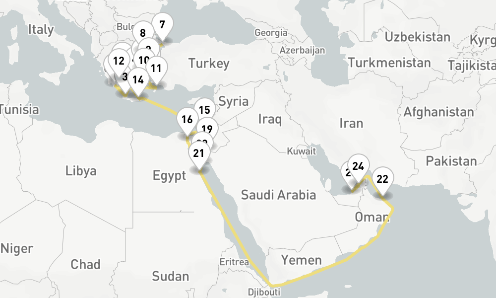32 nights / 33 days, one-way from Piraeus (Athens, Greece) to Dubai (Port Rashid, UAE)