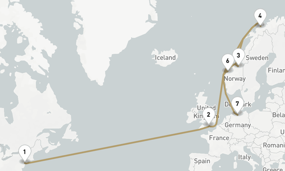 17 nights / 18 days, one-way from New York (Cape Liberty NYC) to Hamburg