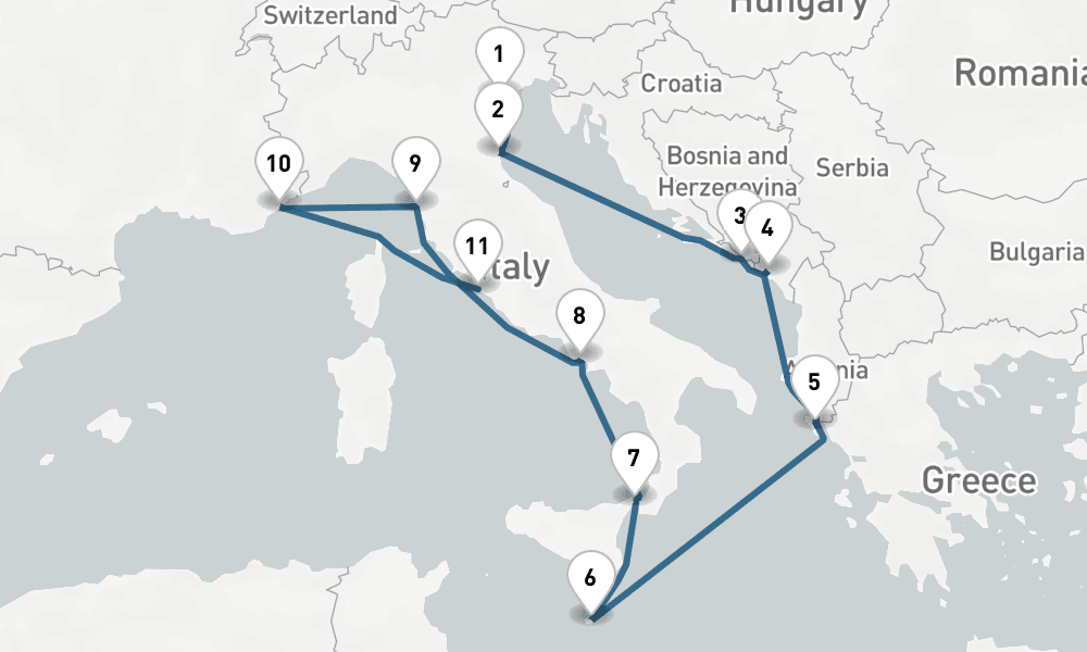 11 nights / 12 days, one-way from Venice to Civitavecchia (Rome, Italy)