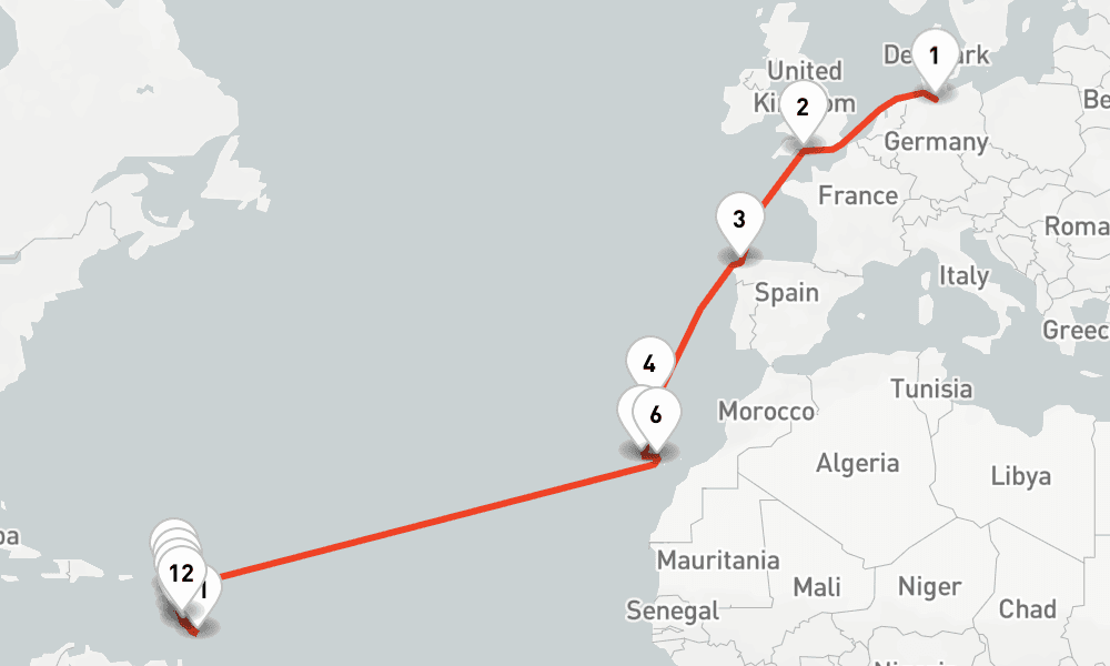 21 nights / 22 days, one-way from Hamburg to Fort-de-France (Martinique)