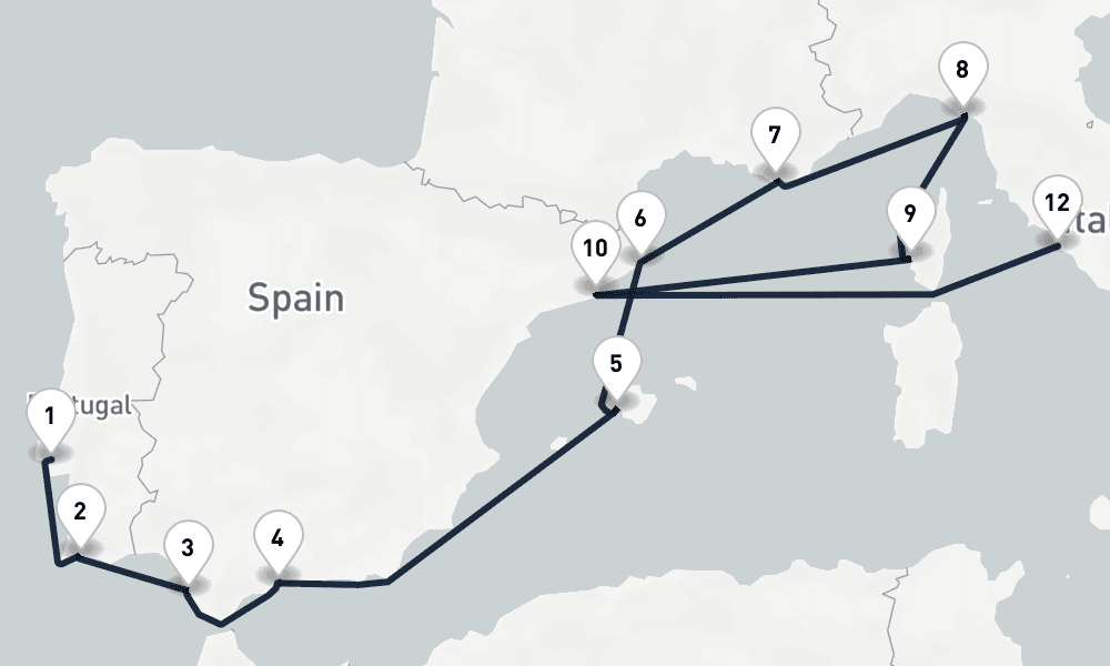 14 nights / 15 days, one-way from Lisbon to Civitavecchia (Rome, Italy)