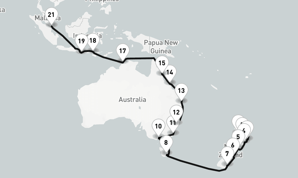 34 nights / 35 days, one-way from Auckland to Singapore