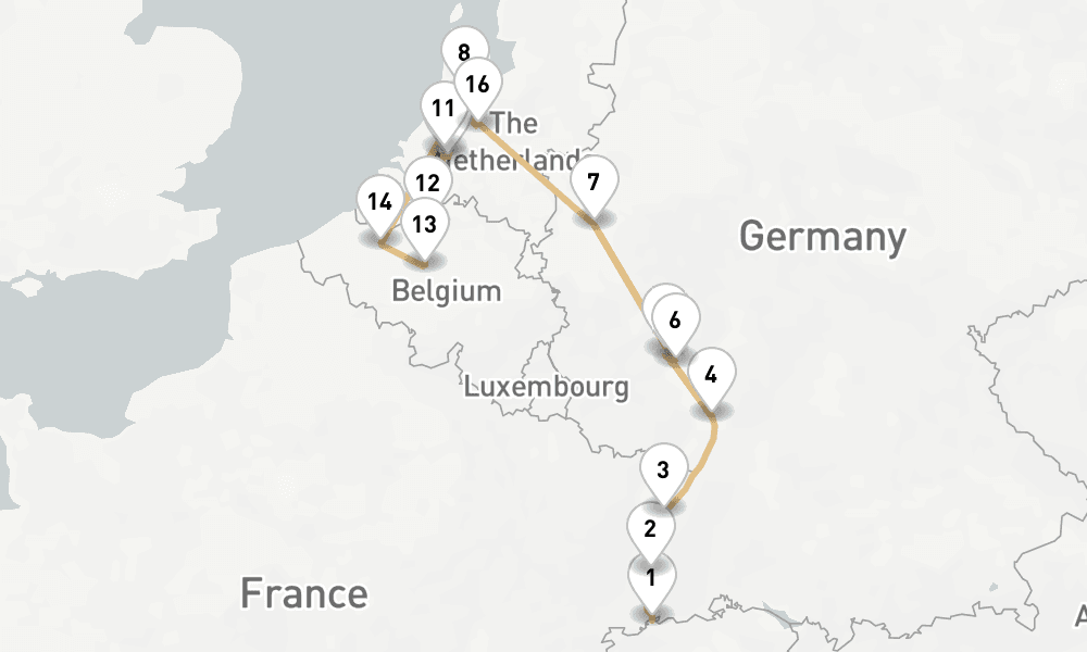 14 nights / 15 days, one-way from Basel to Amsterdam (Holland)