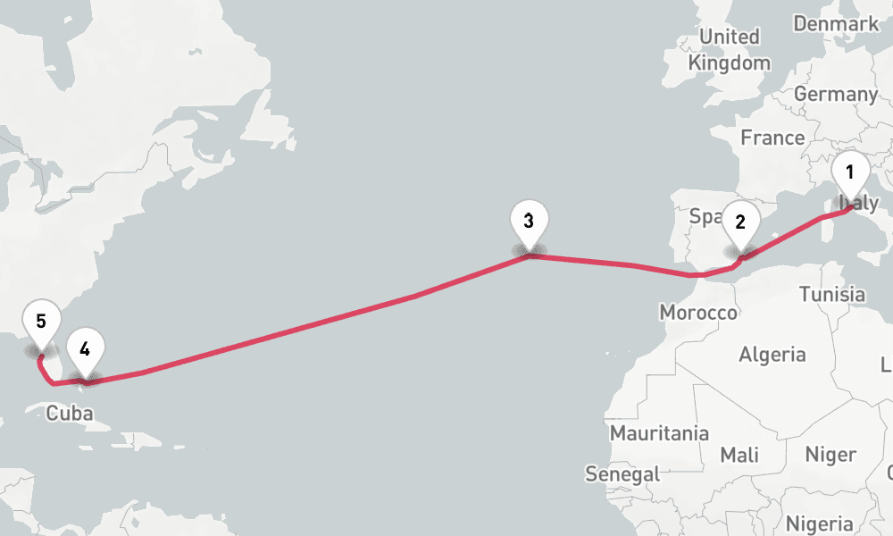 14 nights / 15 days, one-way from Civitavecchia (Rome, Italy) to Tampa (Florida)