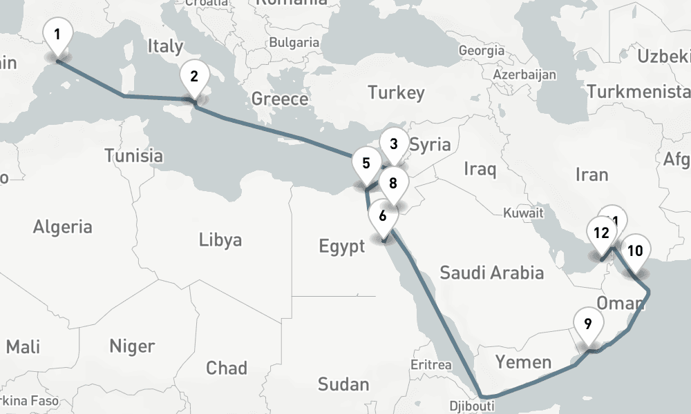 21 nights / 22 days, one-way from Barcelona to Dubai (Port Rashid, UAE)