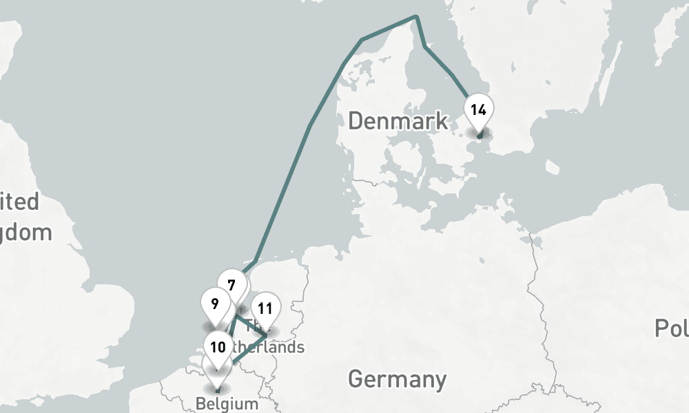 13 nights / 14 days, one-way from Brussels to Copenhagen
