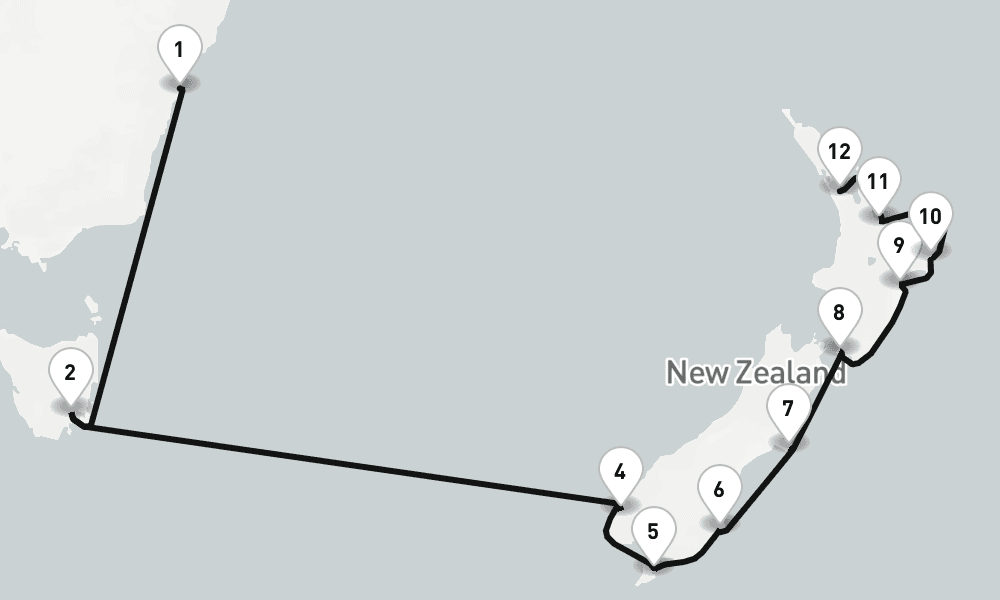 14 nights / 15 days, one-way from Sydney (NSW, Australia) to Auckland