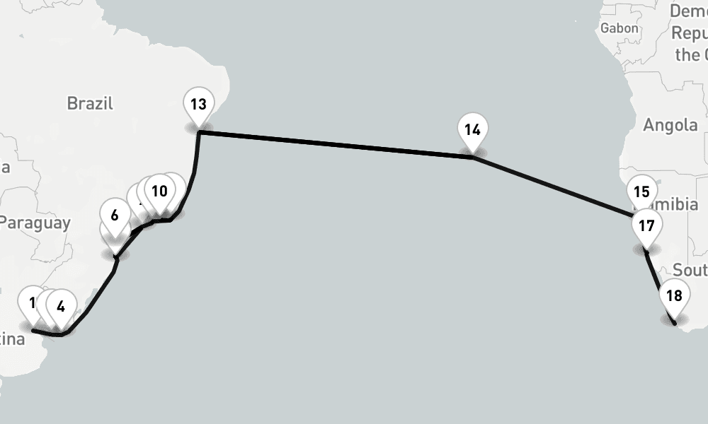 31 nights / 32 days, one-way from Buenos Aires to Cape Town