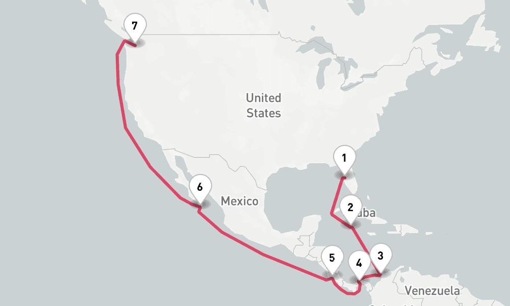 16 nights / 17 days, one-way from Tampa (Florida) to Seattle (Washington)