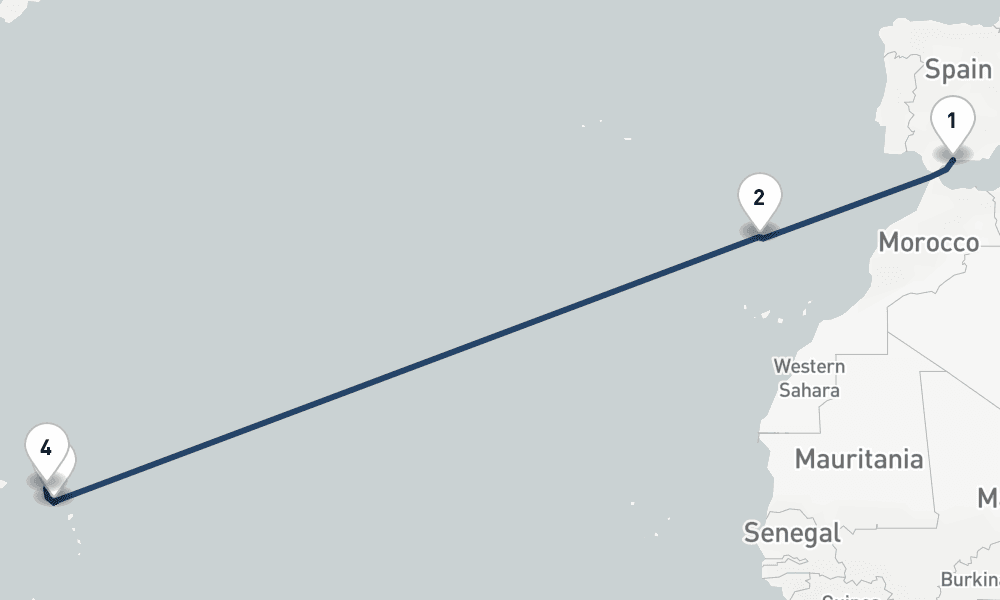 14 nights / 15 days, one-way from Malaga to Marigot (St Martin Island)