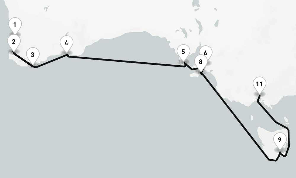 16 nights / 17 days, one-way from Fremantle (Perth, Western Australia) to Melbourne (Victoria, Australia)