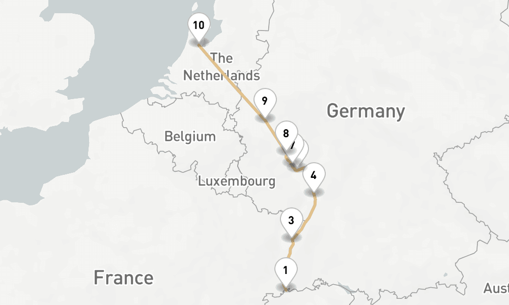 7 nights / 8 days, one-way from Basel to Amsterdam (Holland)