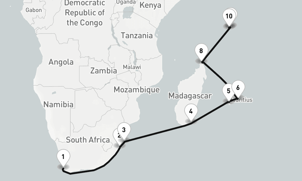 16 nights / 17 days, one-way from Cape Town to Mahe Island (Victoria, Seychelles)