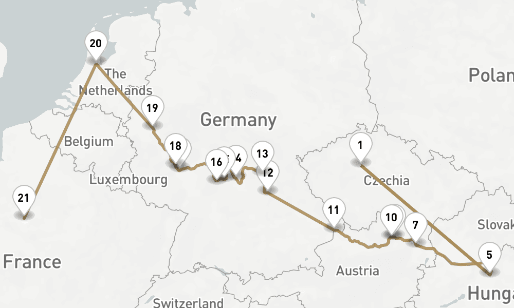20 nights / 21 days, one-way from Prague (Czech Republic) to Paris