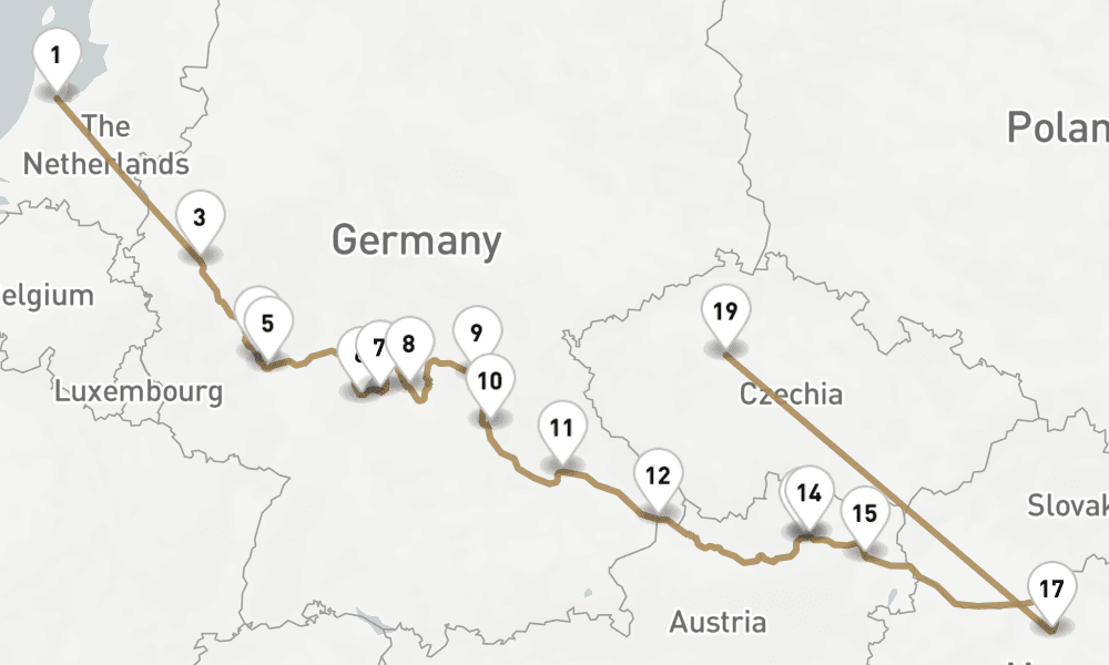 17 nights / 18 days, one-way from Amsterdam (Holland) to Prague (Czech Republic)