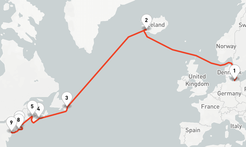 17 nights / 18 days, one-way from Warnemunde (Rostock, Germany) to New York (Cape Liberty NYC)