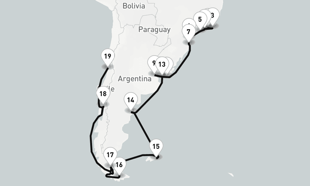 30 nights / 31 days, one-way from Rio de Janeiro to Valparaiso (Santiago, Chile)