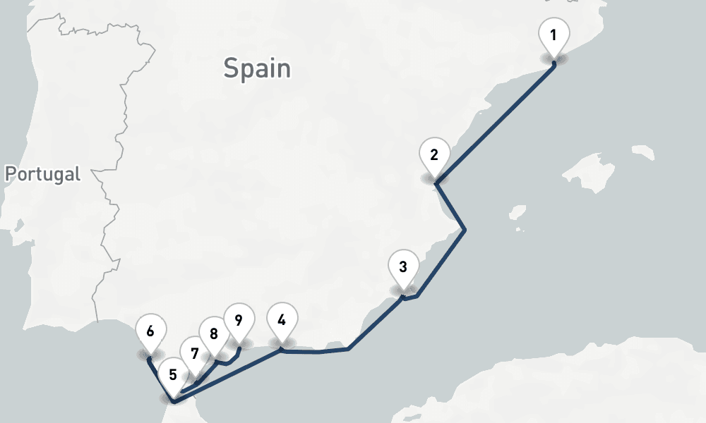 8 nights / 9 days, one-way from Barcelona to Malaga