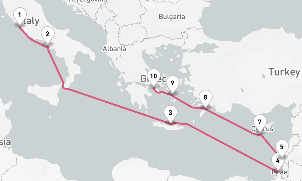 14 nights / 15 days, one-way from Civitavecchia (Rome, Italy) to Piraeus (Athens, Greece)