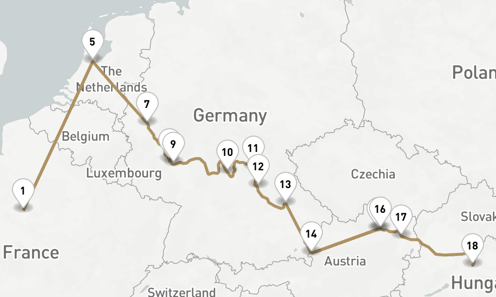 17 nights / 18 days, one-way from Paris to Budapest