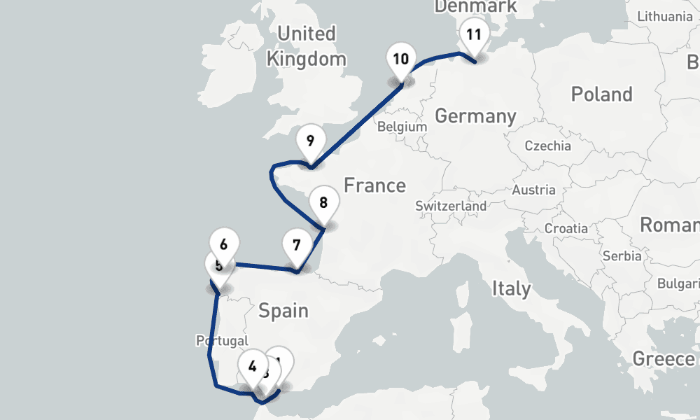 14 nights / 15 days, one-way from Malaga to Hamburg