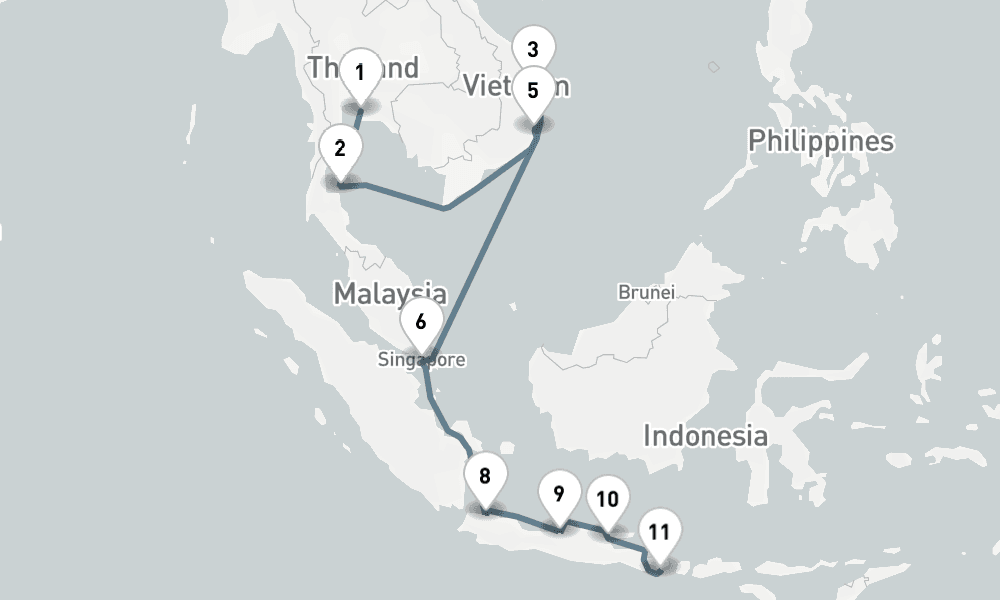 14 nights / 15 days, one-way from Laem Chabang (Bangkok, Thailand) to Benoa (Bali, Indonesia)