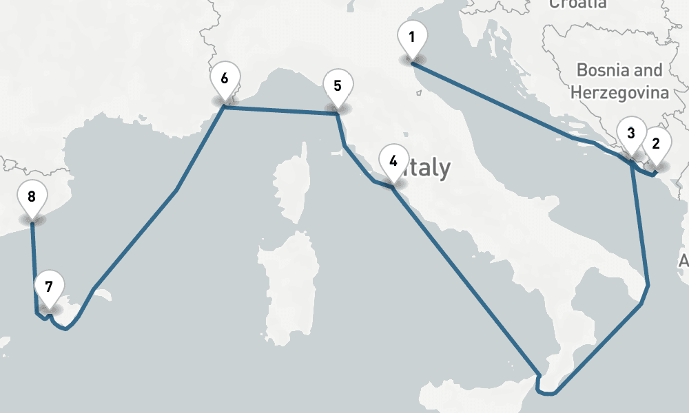 9 nights / 10 days, one-way from Ravenna to Barcelona