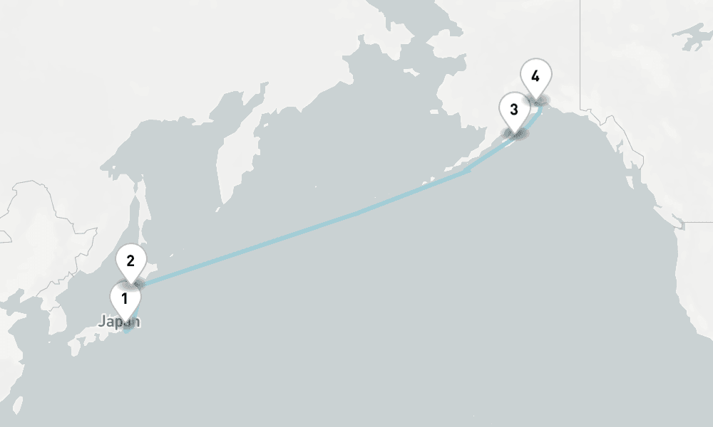 12 nights / 13 days, one-way from Tokyo to Whittier (Alaska)