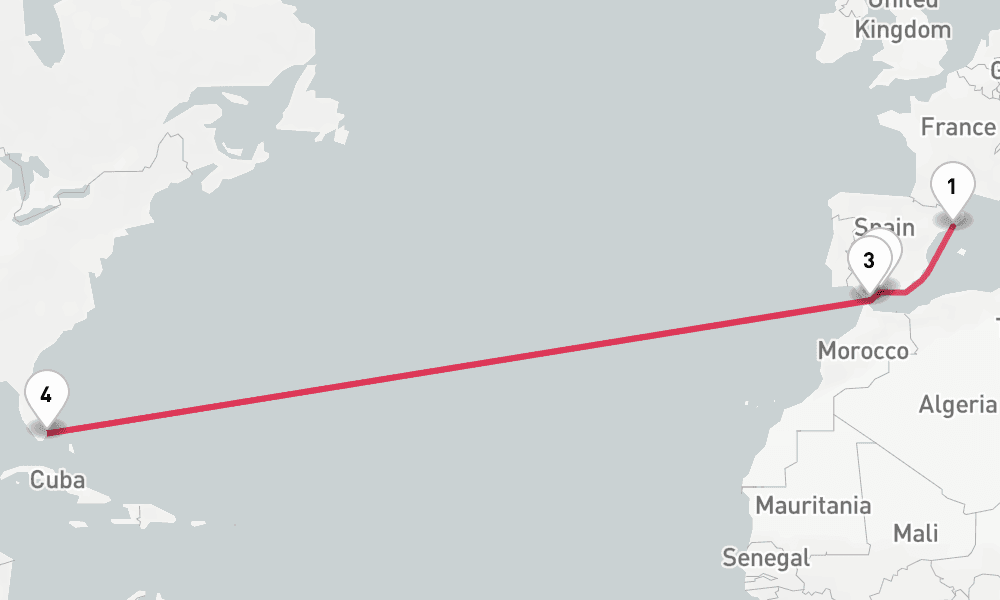 13 nights / 14 days, one-way from Barcelona to Miami (Florida)