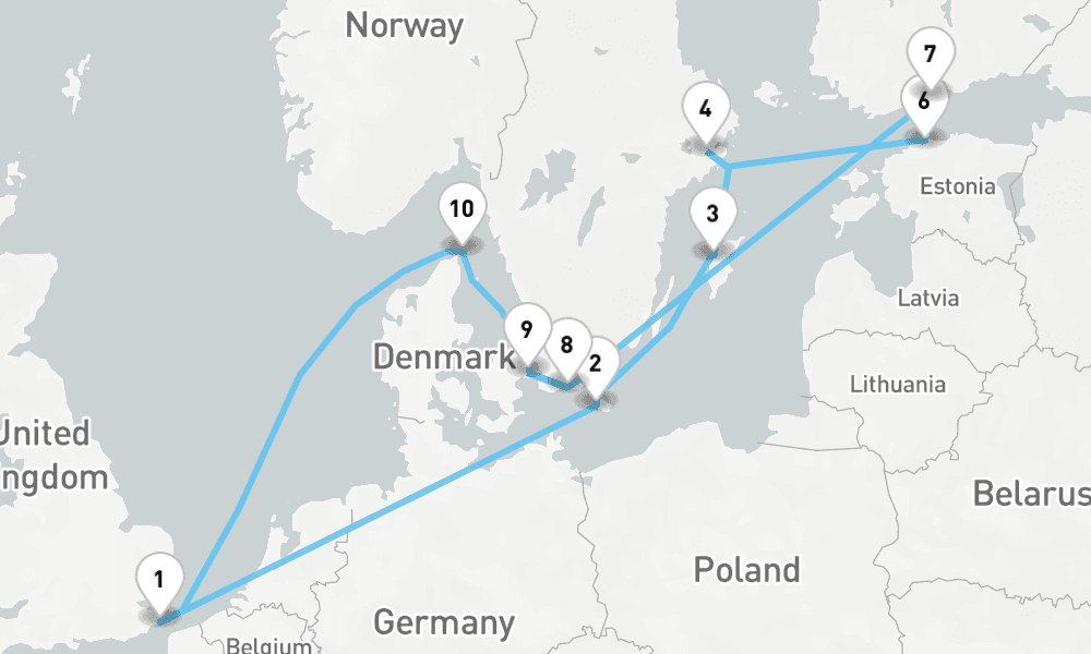 14 nights / 15 days, Dover (England) Round trip