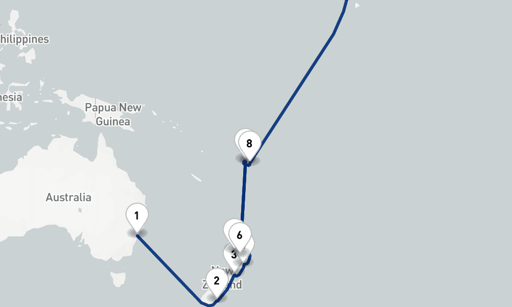 25 nights / 26 days, one-way from Sydney (NSW, Australia) to San Francisco (California)