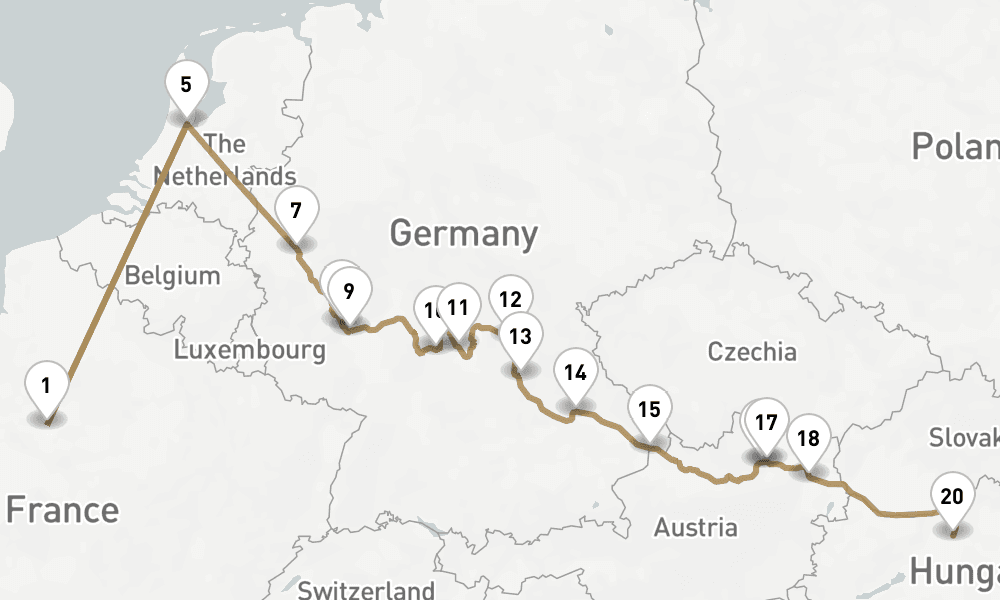 17 nights / 18 days, one-way from Paris to Budapest