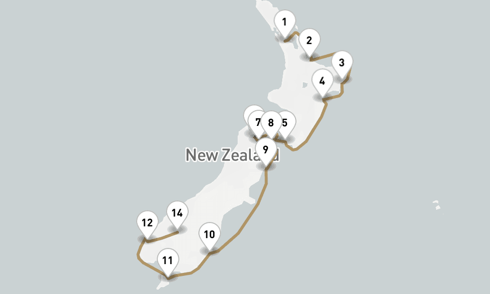 11 nights / 12 days, one-way from Auckland to Queenstown NZ