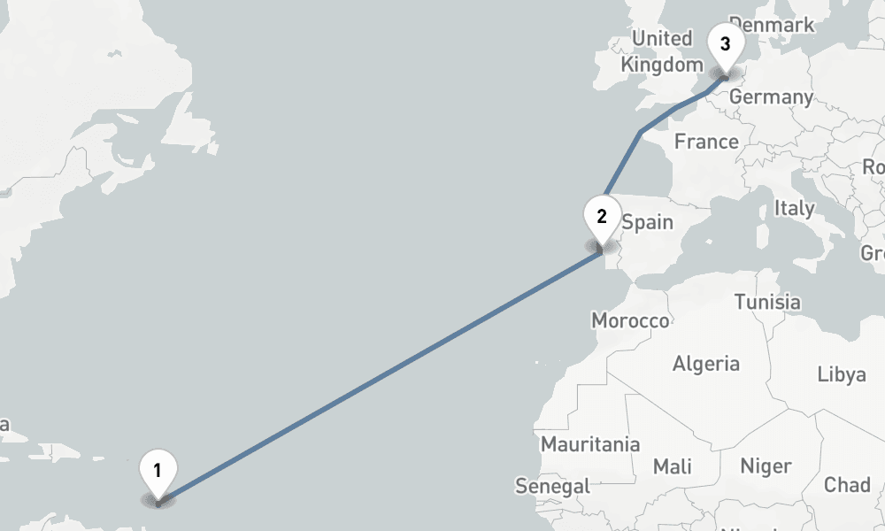 16 nights / 17 days, one-way from Bridgetown (Barbados) to Amsterdam (Holland)