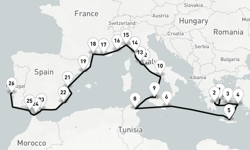 27 nights / 28 days, one-way from Piraeus (Athens, Greece) to Lisbon