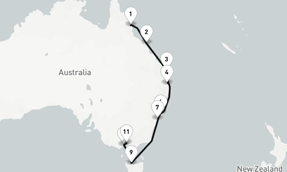 14 nights / 15 days, one-way from Cairns (Queensland, Australia) to Melbourne (Victoria, Australia)
