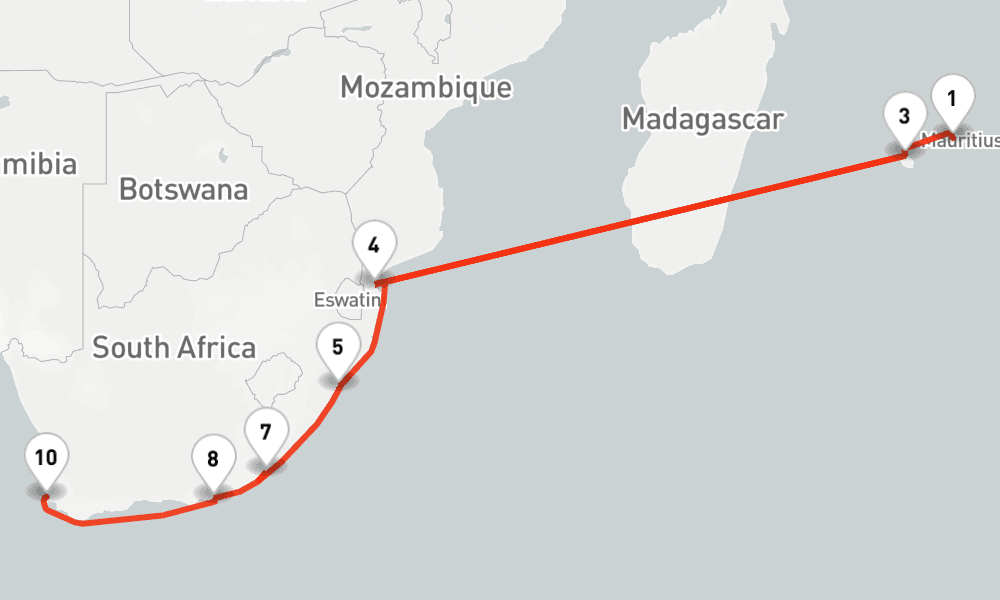 14 nights / 15 days, one-way from Port Louis (Mauritius Island) to Cape Town
