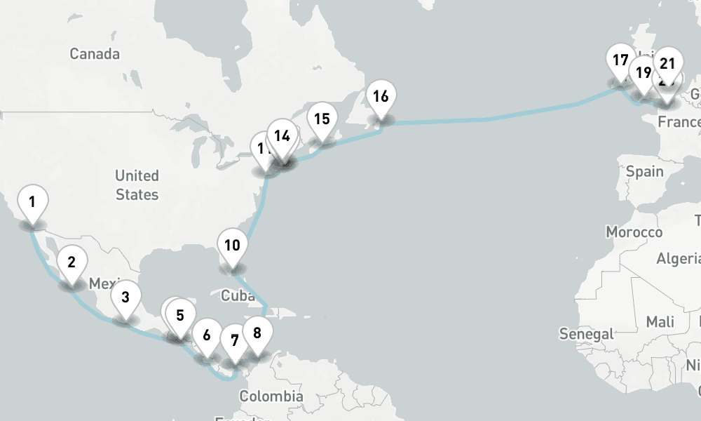 35 nights / 36 days, one-way from San Diego (California) to Tilbury (London, England)