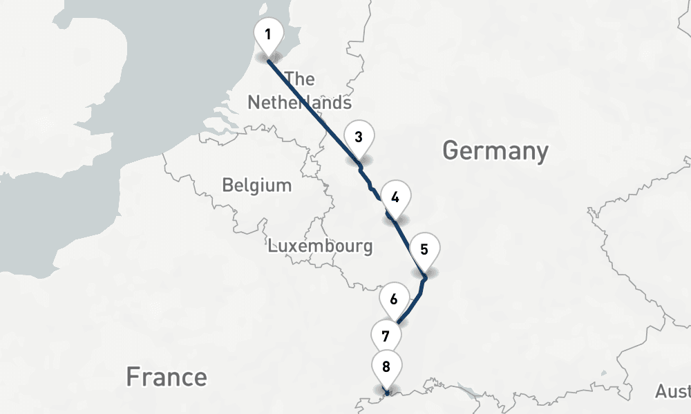 7 nights / 8 days, one-way from Amsterdam (Holland) to Basel
