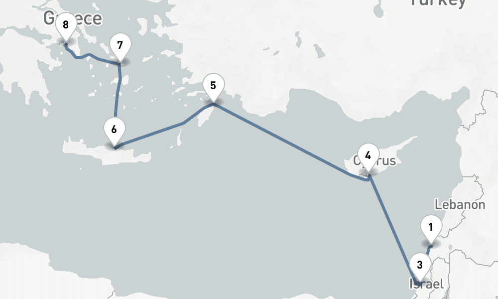 8 nights / 9 days, one-way from Haifa (Tel Aviv, Israel) to Piraeus (Athens, Greece)