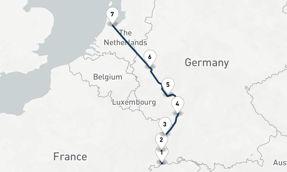 7 nights / 8 days, one-way from Basel to Amsterdam (Holland)
