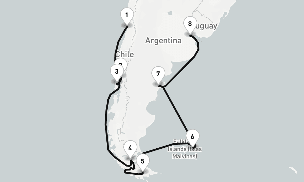 17 nights / 18 days, one-way from Valparaiso (Santiago, Chile) to Buenos Aires