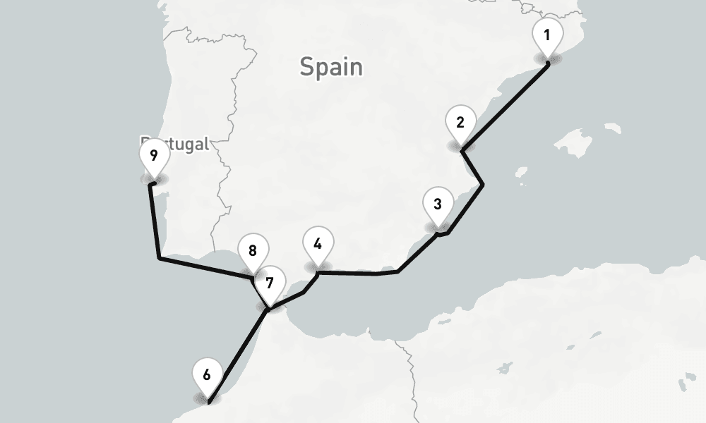 10 nights / 11 days, one-way from Barcelona to Lisbon