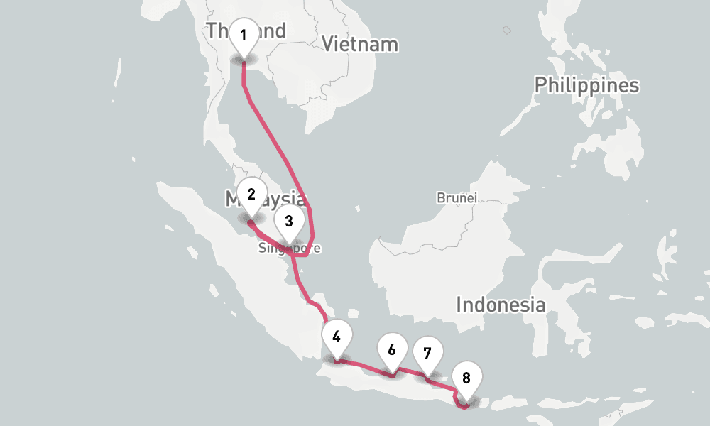 12 nights / 13 days, one-way from Laem Chabang (Bangkok, Thailand) to Benoa (Bali, Indonesia)