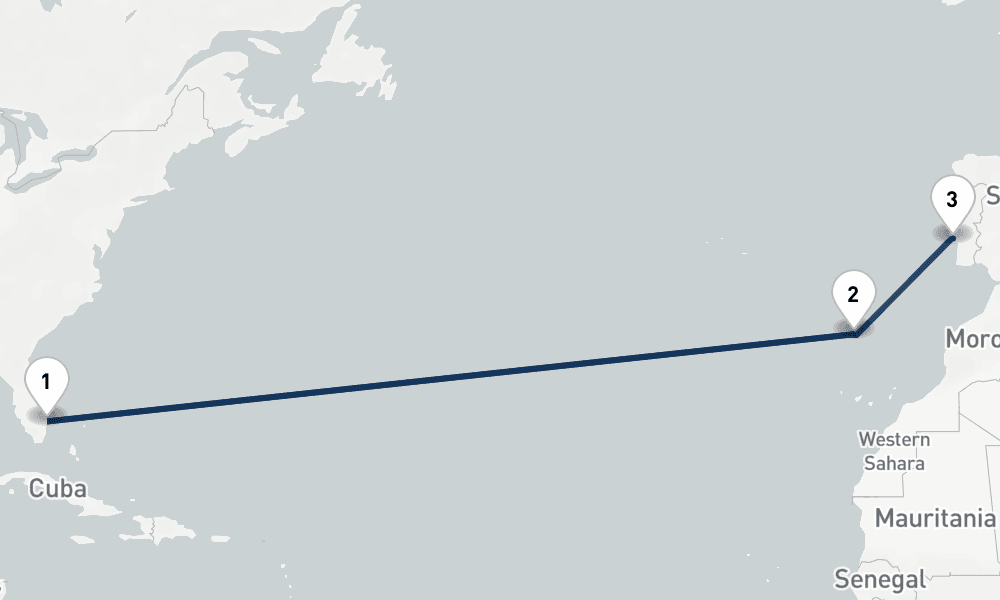 14 nights / 15 days, one-way from West Palm Beach (Florida) to Lisbon