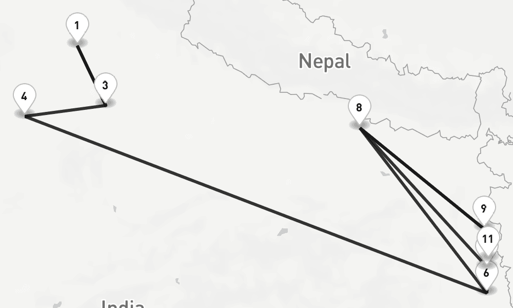 12 nights / 13 days, one-way from New Delhi to Kolkata (Calcutta, India)