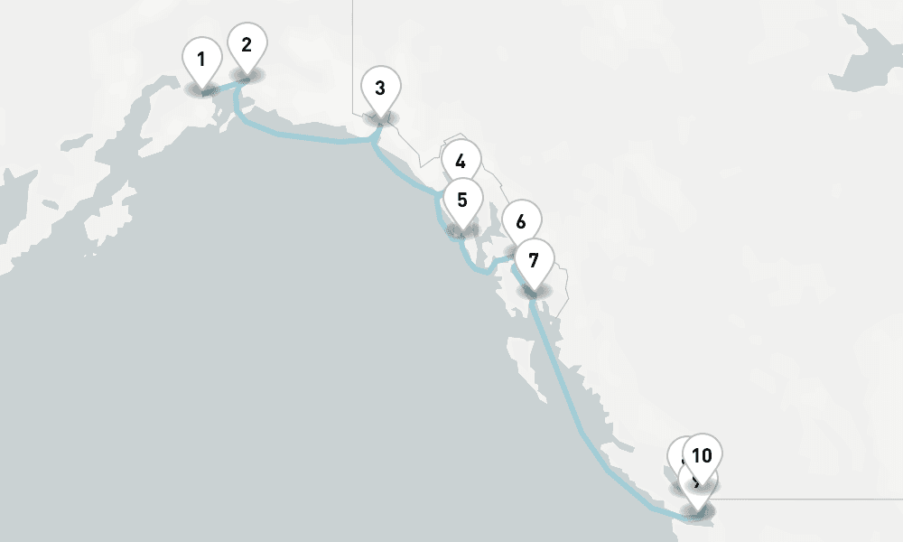 11 nights / 12 days, one-way from Whittier (Alaska) to Vancouver (BC Canada)