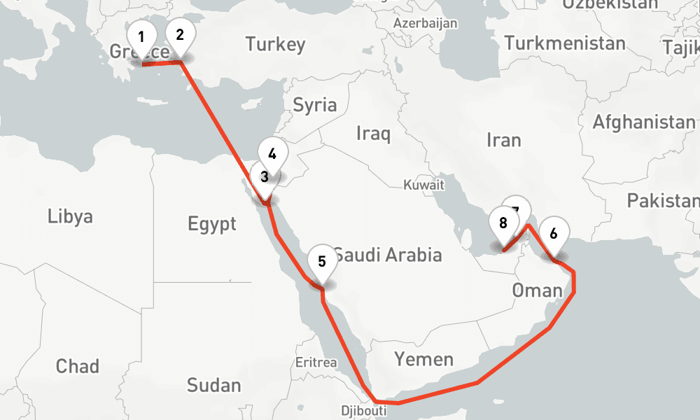 14 nights / 15 days, one-way from Lavrion to Abu Dhabi