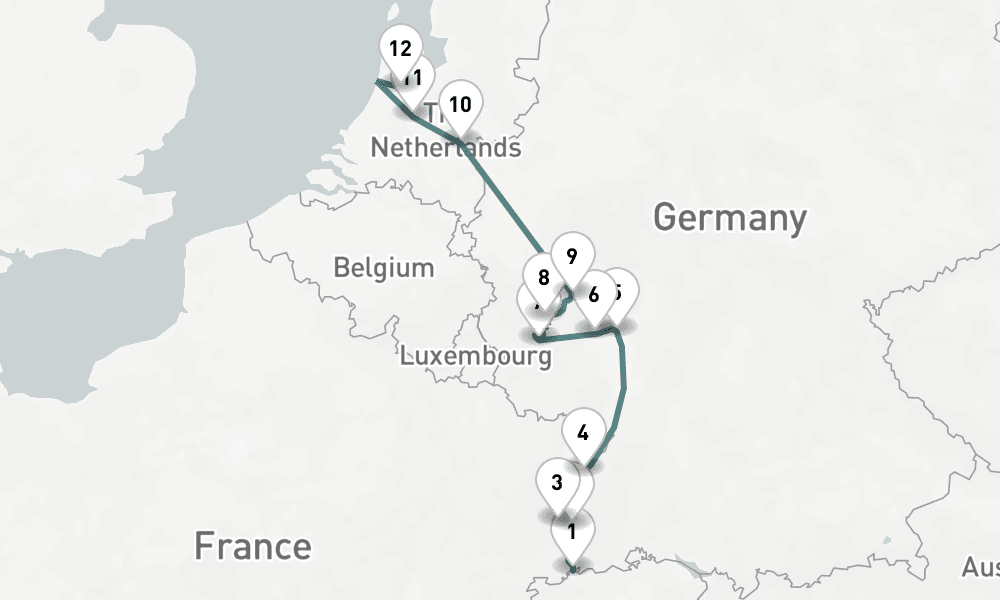 10 nights / 11 days, one-way from Basel to Amsterdam (Holland)