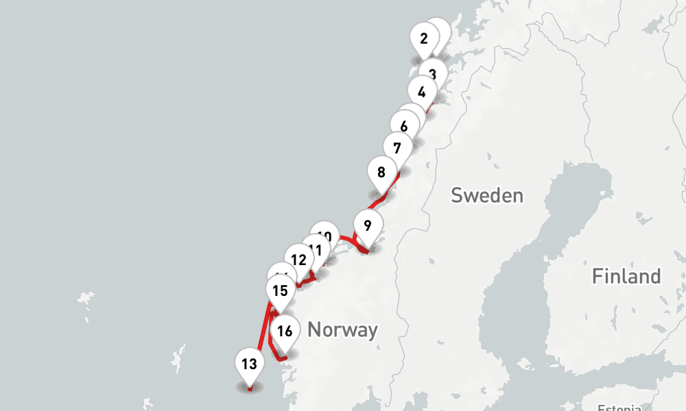 3 nights / 4 days, one-way from Svolvaer (Austvagoya Island, Norway) to Bergen